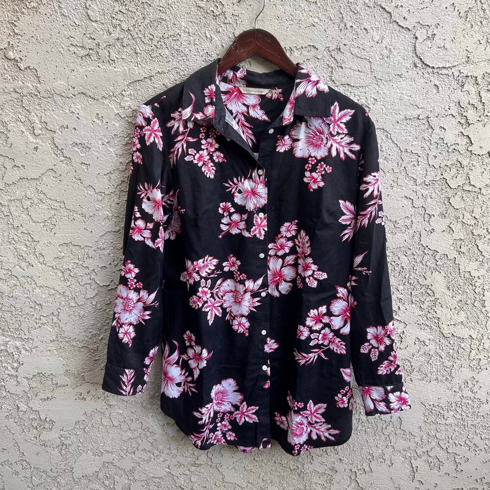 Soft Surroundings 100% Tencel Floral Button Front Shirt Charcoal Pink Size S